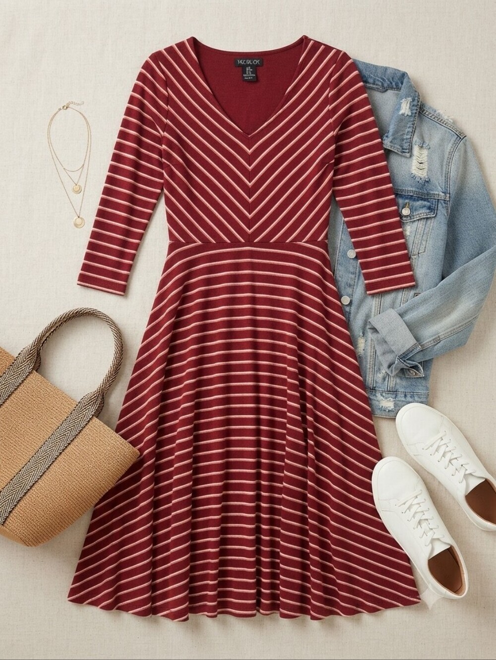 Rachel Zoe Red Orange White Striped Ribbed Texture V-Neck 3/4 Sleeve Midi Dress